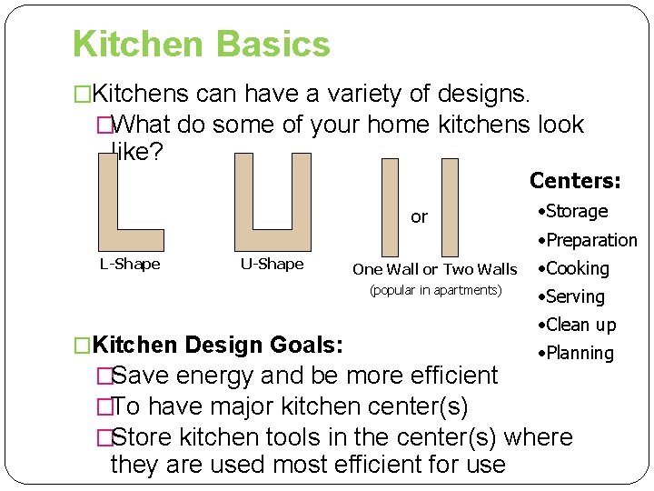 Kitchen Basics �Kitchens can have a variety of designs. �What do some of your