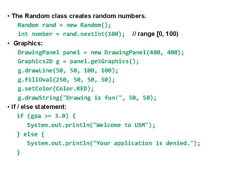  • The Random class creates random numbers. Random rand = new Random(); int