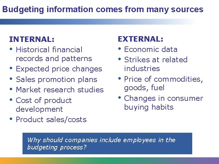 Budgeting information comes from many sources INTERNAL: • Historical financial records and patterns •