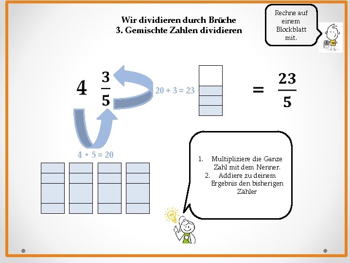 Wir dividieren durch Brüche 3. Gemischte Zahlen dividieren Rechne auf einem Blockblatt mit. 20