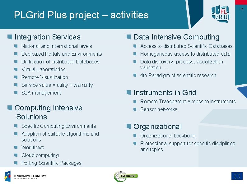 PLGrid Plus project – activities Integration Services Data Intensive Computing National and International levels