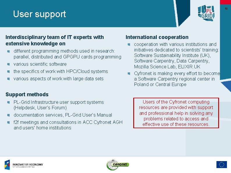 18 User support Interdisciplinary team of IT experts with extensive knowledge on different programming