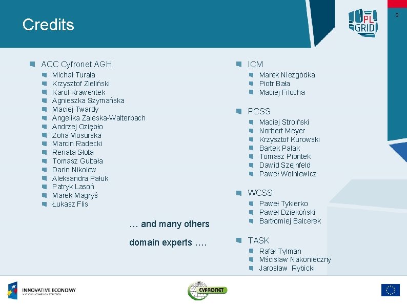 3 Credits ACC Cyfronet AGH ICM Michał Turała Krzysztof Zieliński Karol Krawentek Agnieszka Szymańska