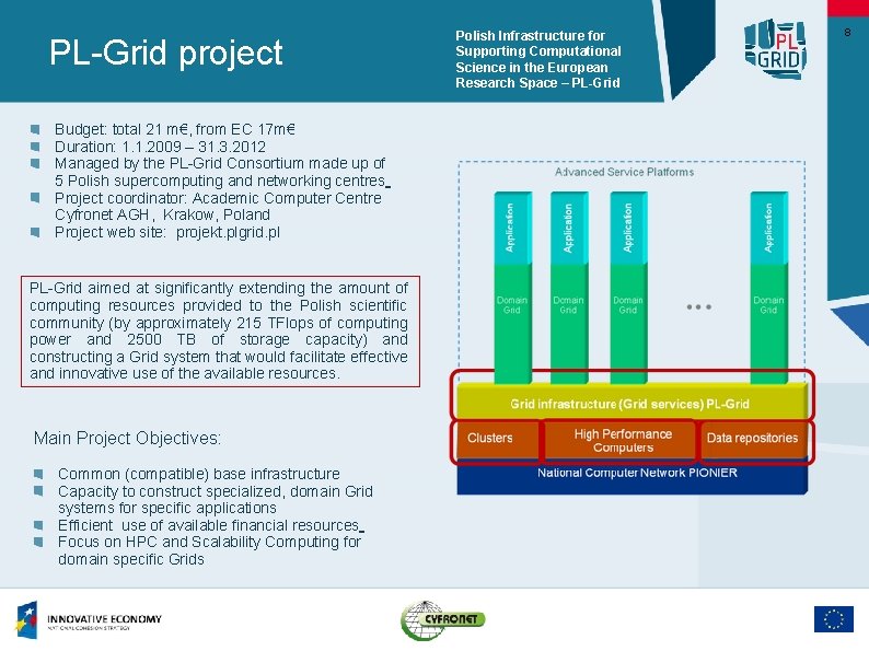 PL-Grid project Budget: total 21 m€, from EC 17 m€ Duration: 1. 1. 2009