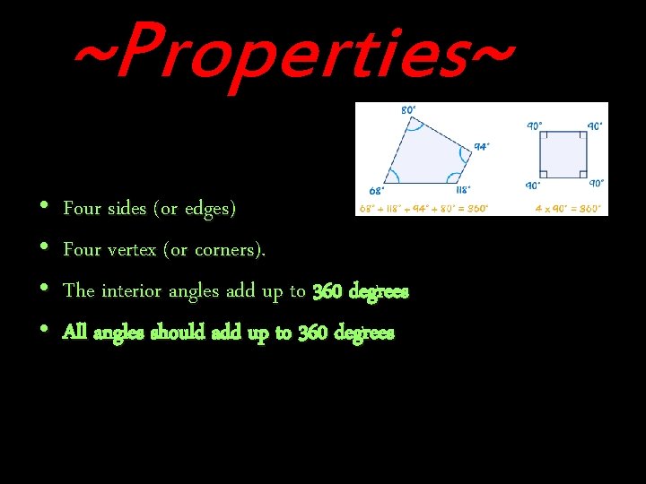 ~Properties~ • • Four sides (or edges) Four vertex (or corners). The interior angles