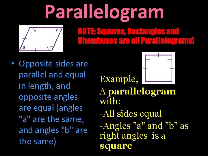 Parallelogram NOTE: Squares, Rectangles and Rhombuses are all Parallelograms! • Opposite sides are parallel