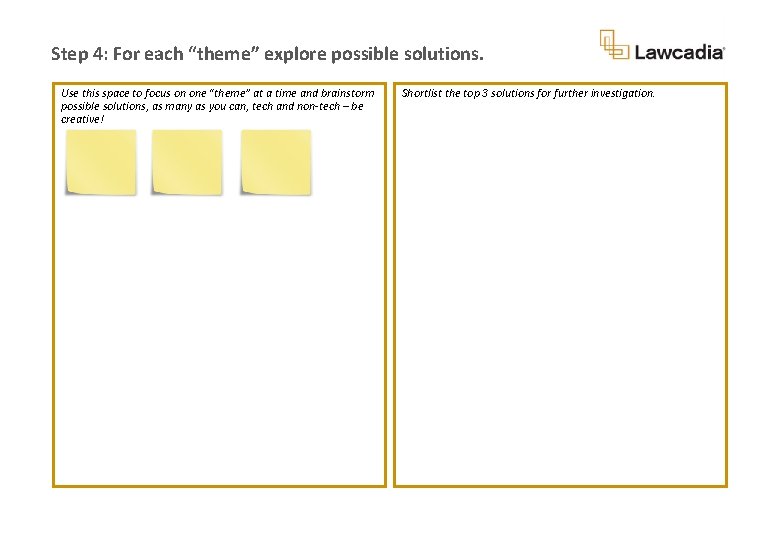 Step 4: For each “theme” explore possible solutions. Use this space to focus on