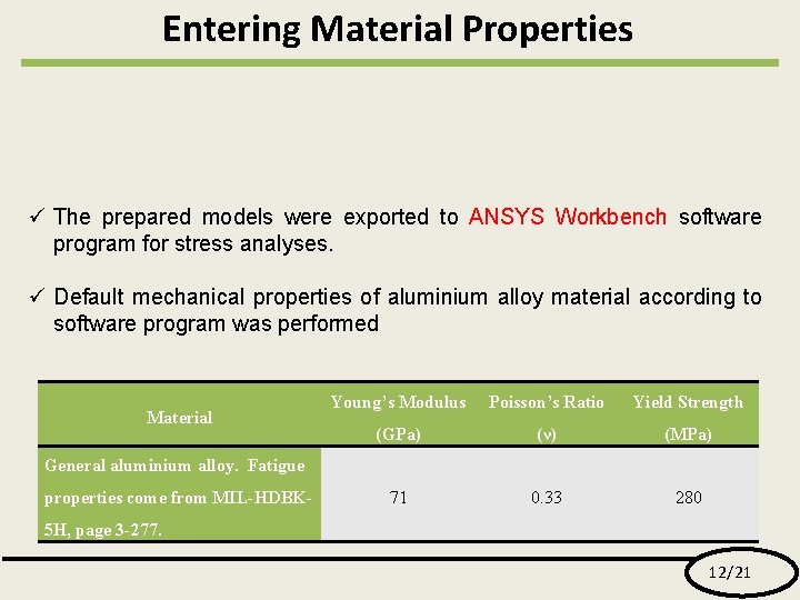 Entering Material Properties ü The prepared models were exported to ANSYS Workbench software program