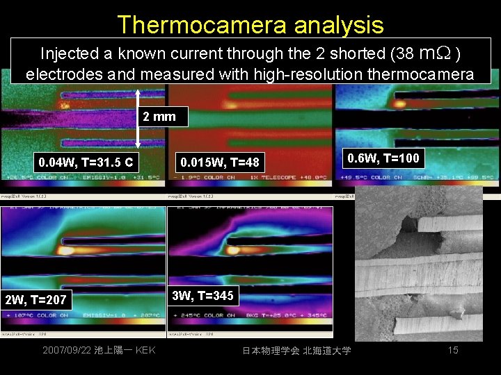 Thermocamera analysis Injected a known current through the 2 shorted (38 m. W )