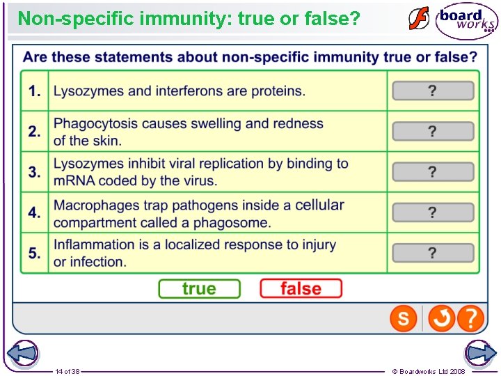 Non-specific immunity: true or false? 14 of 38 © Boardworks Ltd 2008 