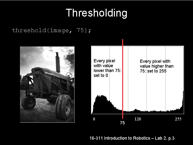 Thresholding threshold(image, 75); Every pixel with value lower than 75: set to 0 0