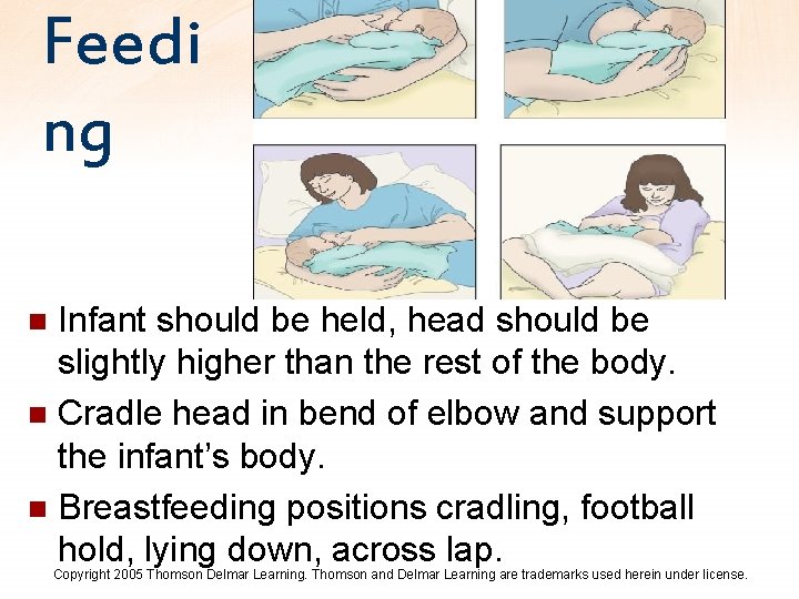 Feedi ng Infant should be held, head should be slightly higher than the rest