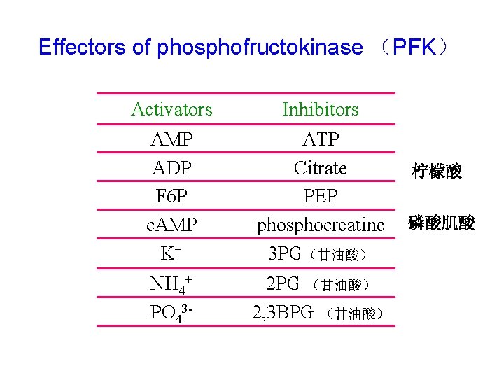 Effectors of phosphofructokinase （PFK） Activators Inhibitors AMP ADP F 6 P c. AMP K+