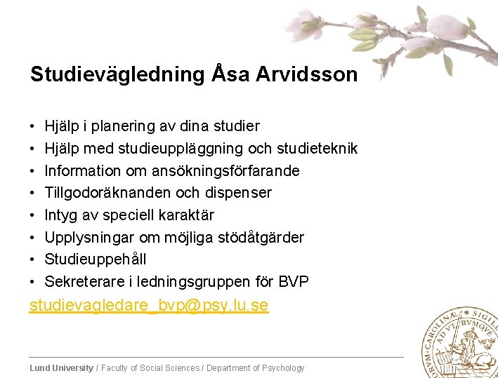 Studievägledning Åsa Arvidsson • • Hjälp i planering av dina studier Hjälp med studieuppläggning