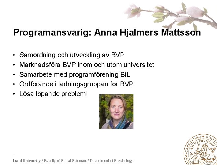 Programansvarig: Anna Hjalmers Mattsson • • • Samordning och utveckling av BVP Marknadsföra BVP