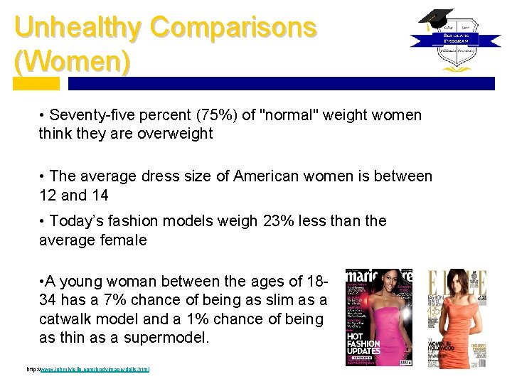 Unhealthy Comparisons (Women) • Seventy-five percent (75%) of "normal" weight women think they are