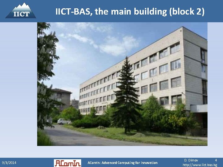 IICT-BAS, the main building (block 2) 9/3/2014 ACom. In: Advanced Computing for Innovation D.