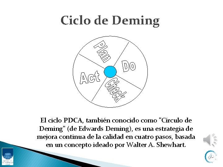 Ciclo de Deming El ciclo PDCA, también conocido como "Círculo de Deming" (de Edwards