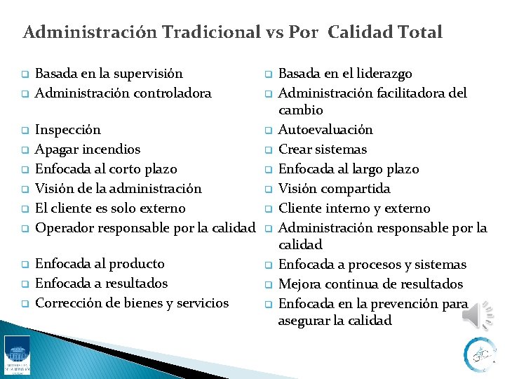 Administración Tradicional vs Por Calidad Total q q q Basada en la supervisión Administración