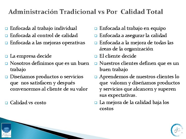 Administración Tradicional vs Por Calidad Total q q q q Enfocada al trabajo individual