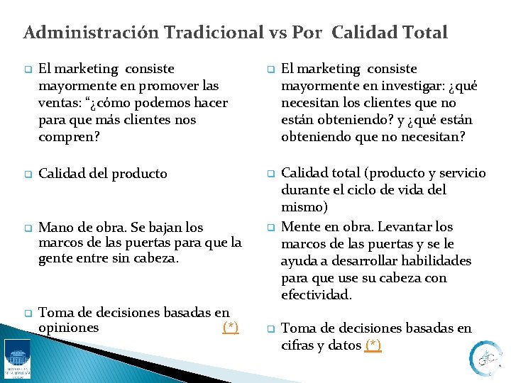 Administración Tradicional vs Por Calidad Total q El marketing consiste mayormente en promover las