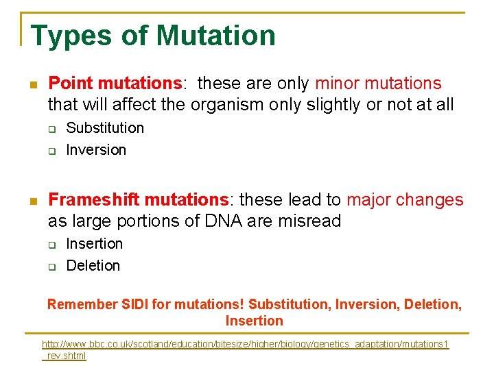 Types of Mutation n Point mutations: these are only minor mutations that will affect