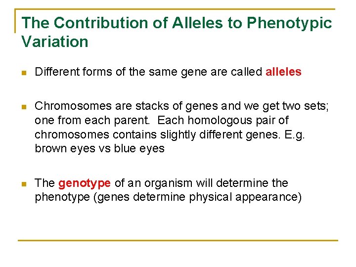 The Contribution of Alleles to Phenotypic Variation n Different forms of the same gene