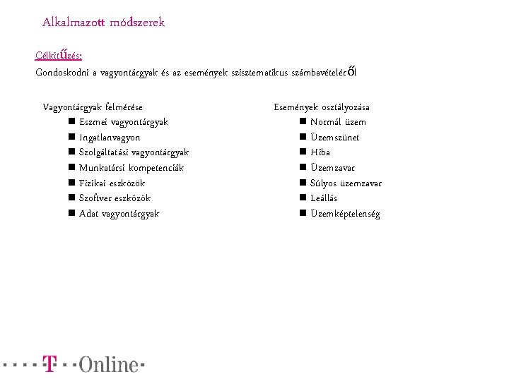 Alkalmazott módszerek Célkitűzés: Gondoskodni a vagyontárgyak és az események szisztematikus számbavételéről Vagyontárgyak felmérése n