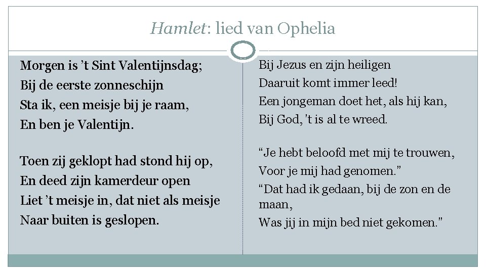 Hamlet: lied van Ophelia Morgen is ’t Sint Valentijnsdag; Bij de eerste zonneschijn Sta