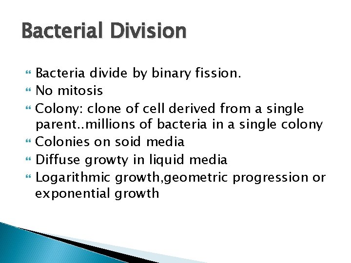 Bacterial Division Bacteria divide by binary fission. No mitosis Colony: clone of cell derived