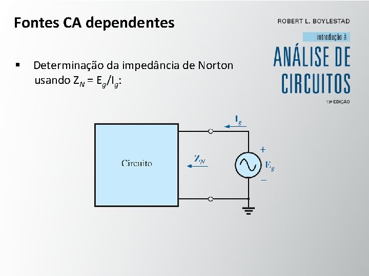 Fontes CA dependentes § Determinação da impedância de Norton usando ZN = Eg/Ig: 