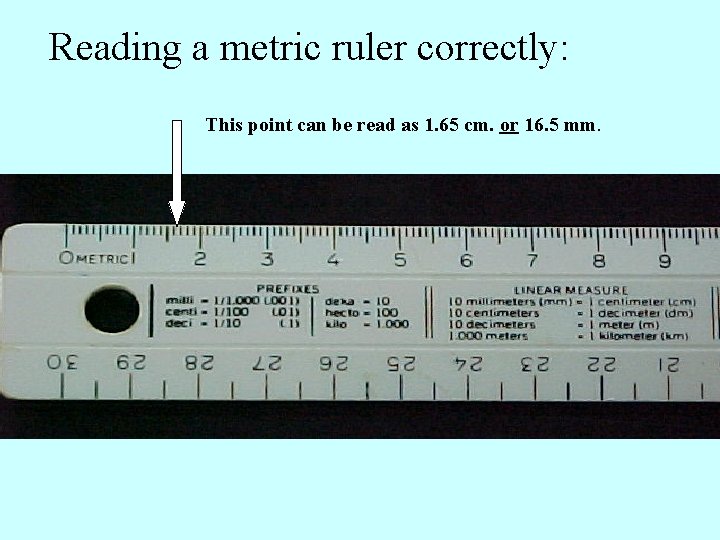 Reading a metric ruler correctly: This point can be read as 1. 65 cm.