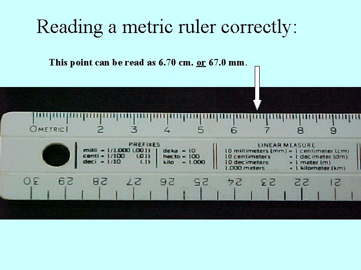 Reading a metric ruler correctly: This point can be read as 6. 70 cm.