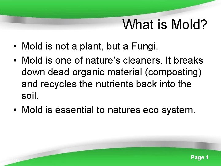 What is Mold? • Mold is not a plant, but a Fungi. • Mold