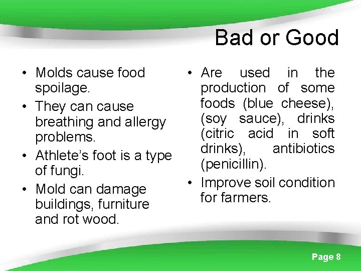 Bad or Good • Molds cause food spoilage. • They can cause breathing and
