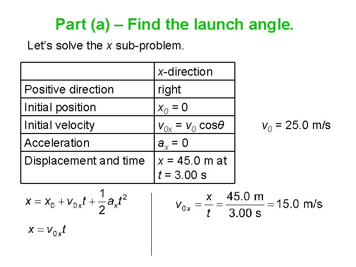 Part (a) – Find the launch angle. Let’s solve the x sub-problem. Positive direction Part (a) – Find the launch angle. Let’s solve the x sub-problem. Positive direction