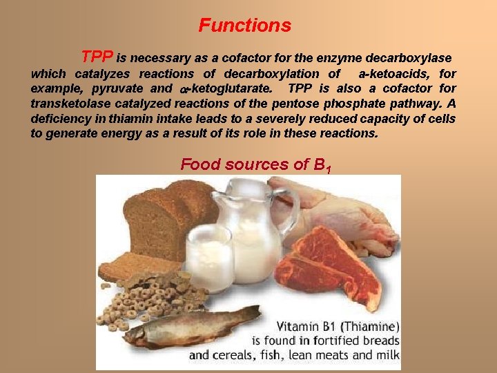 Functions TPP is necessary as a cofactor for the enzyme decarboxylase which catalyzes reactions Functions TPP is necessary as a cofactor for the enzyme decarboxylase which catalyzes reactions