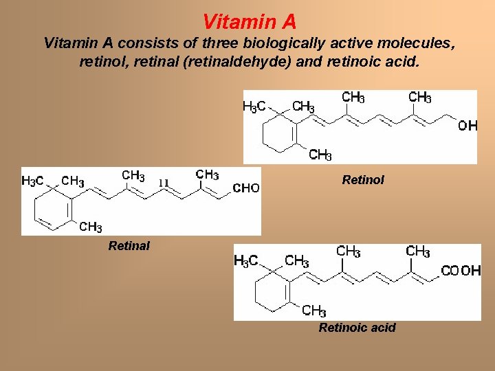 Vitamin A consists of three biologically active molecules, retinol, retinal (retinaldehyde) and retinoic acid. Vitamin A consists of three biologically active molecules, retinol, retinal (retinaldehyde) and retinoic acid.