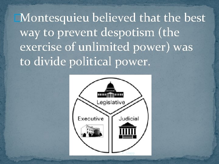 �Montesquieu believed that the best way to prevent despotism (the exercise of unlimited power)
