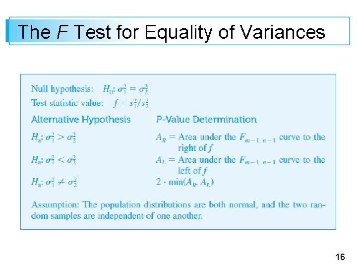 The F Test for Equality of Variances 16 