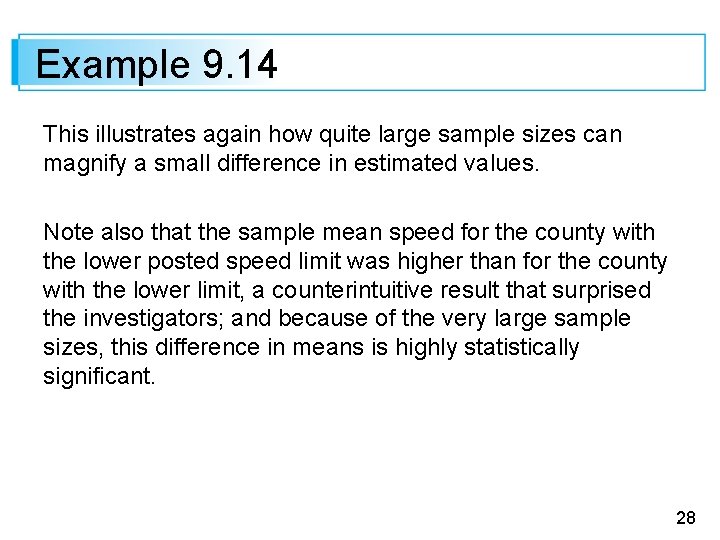 Example 9. 14 This illustrates again how quite large sample sizes can magnify a