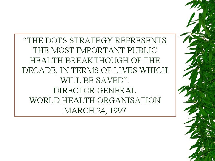“THE DOTS STRATEGY REPRESENTS THE MOST IMPORTANT PUBLIC HEALTH BREAKTHOUGH OF THE DECADE, IN
