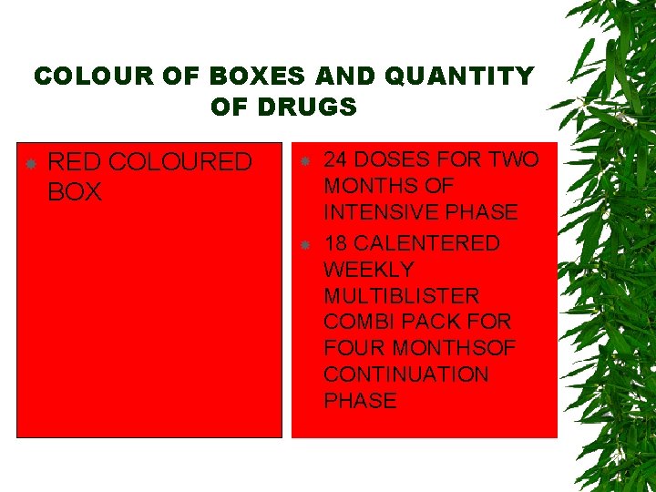 COLOUR OF BOXES AND QUANTITY OF DRUGS RED COLOURED BOX 24 DOSES FOR TWO