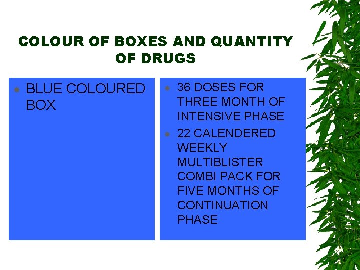 COLOUR OF BOXES AND QUANTITY OF DRUGS BLUE COLOURED BOX 36 DOSES FOR THREE