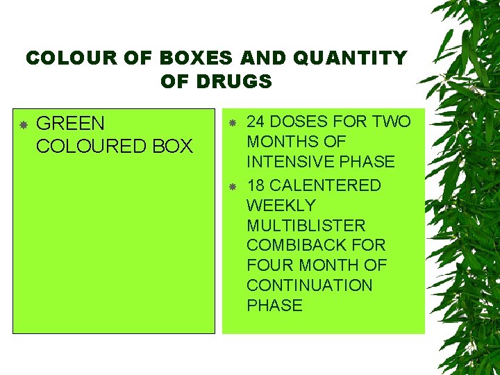 COLOUR OF BOXES AND QUANTITY OF DRUGS GREEN COLOURED BOX 24 DOSES FOR TWO