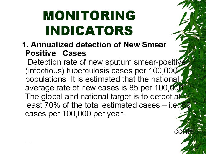 MONITORING INDICATORS 1. Annualized detection of New Smear Positive Cases Detection rate of new