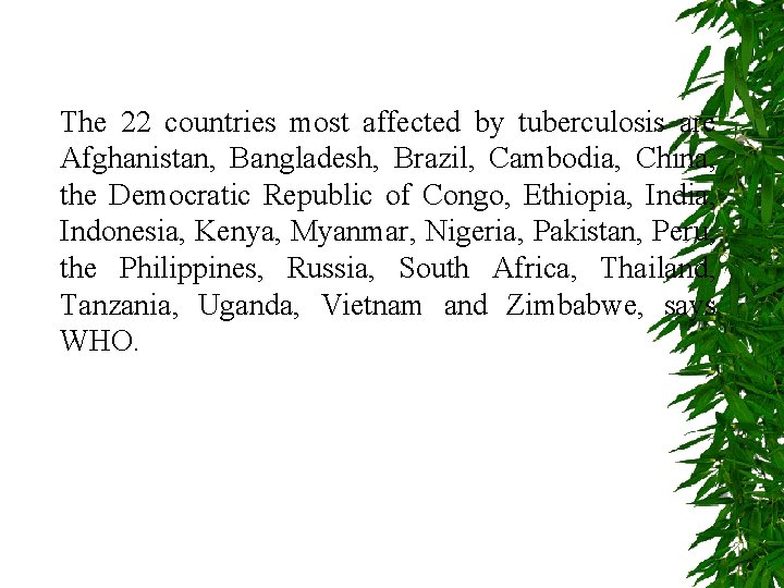 The 22 countries most affected by tuberculosis are Afghanistan, Bangladesh, Brazil, Cambodia, China, the