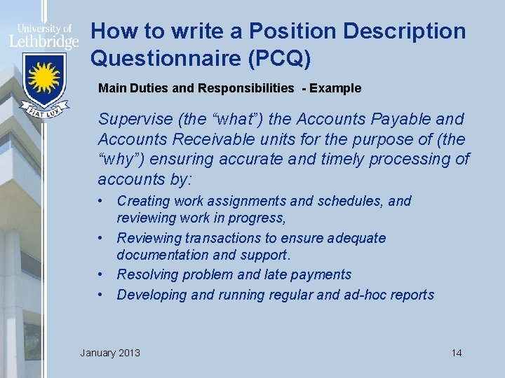 How to write a Position Description Questionnaire (PCQ) Main Duties and Responsibilities - Example
