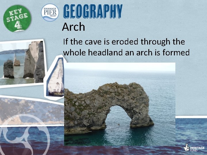 Arch If the cave is eroded through the whole headland an arch is formed
