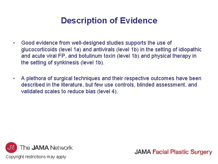 Description of Evidence • Good evidence from well designed studies supports the use of